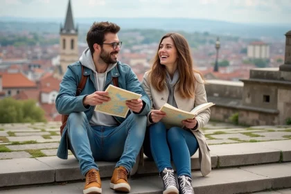 Jeunes adultes souriants sur les escaliers de Lyon