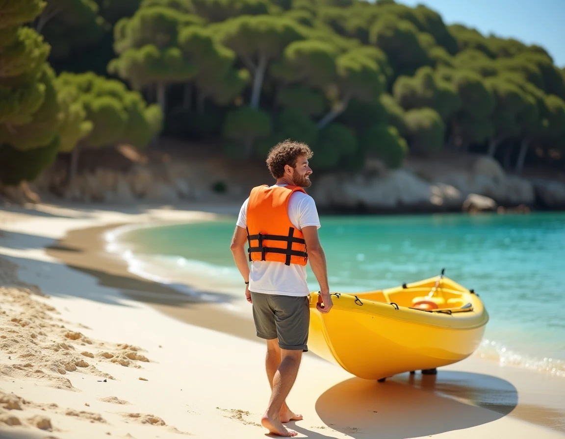 Homme tirant un kayak jaune sur une plage de sable blanc isolée en Corse bordée de pins