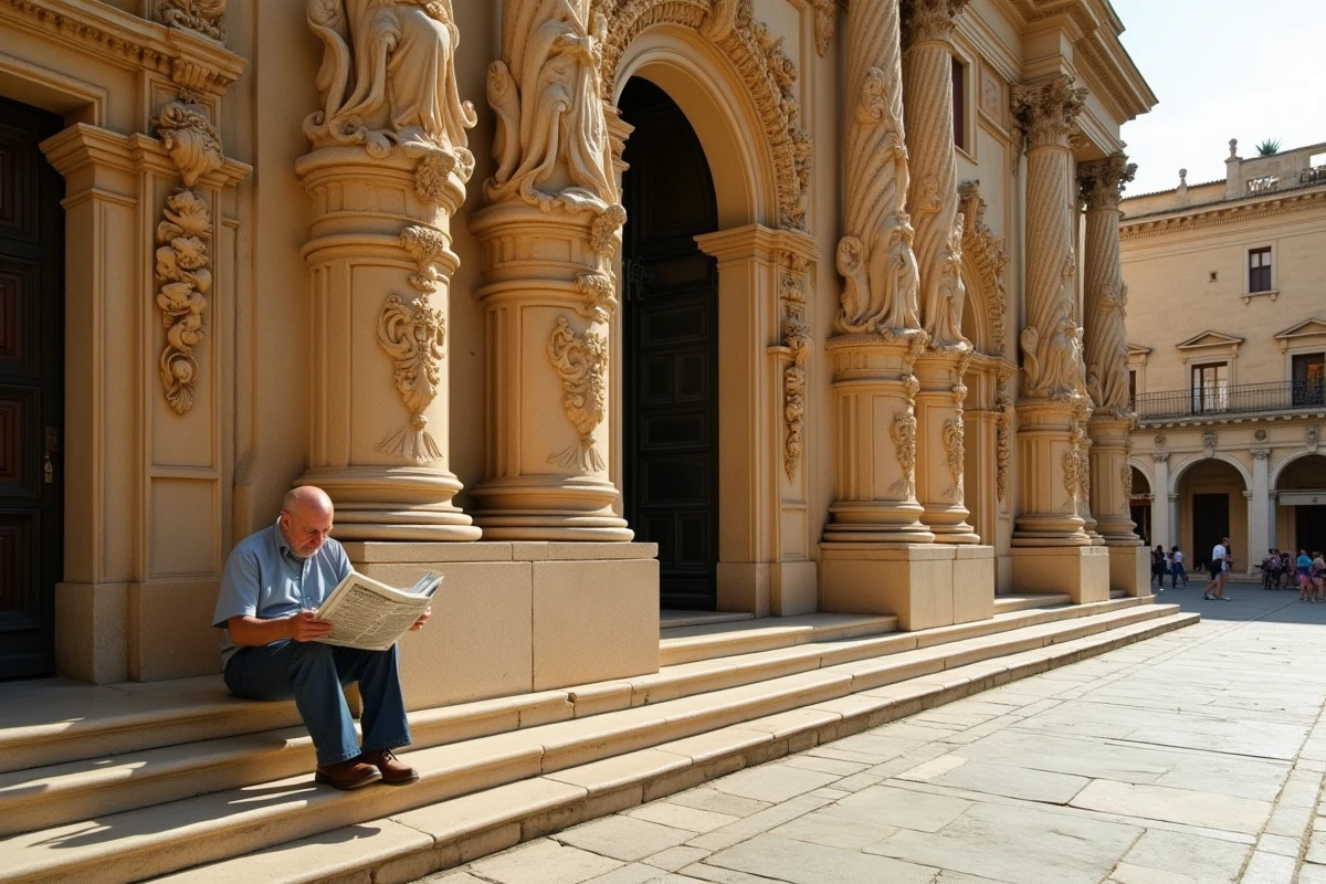 Façade baroque ornée en pierre calcaire de Lecce avec un habitant local sur la place historique des Pouilles
