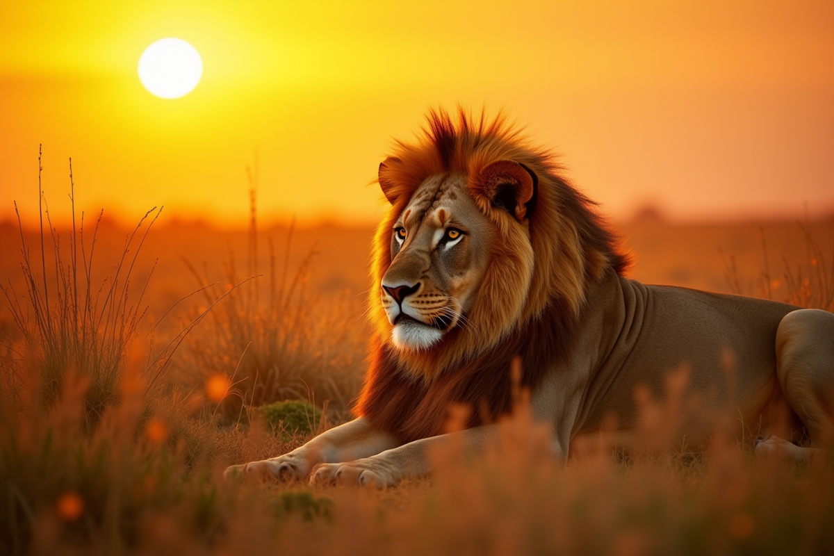 Lion masai mara au lever du soleil avec crinière lumineuse