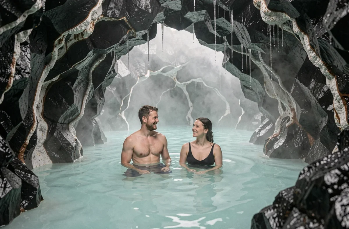 Couple en lune de miel se baignant dans une source géothermale naturelle au sein d'une grotte volcanique en Islande avec des eaux turquoise et des parois en basalte noir