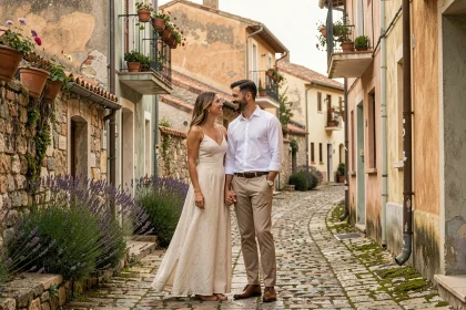 Couple de jeunes mariés se tenant la main dans une ruelle pavée d'un village européen pittoresque avec des balcons fleuris et des murs en pierre ancienne