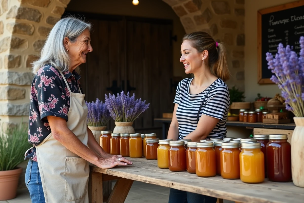 Marché artisanal authentique en Ardèche avec produits locaux châtaignes miel et lavande vendus par une productrice locale