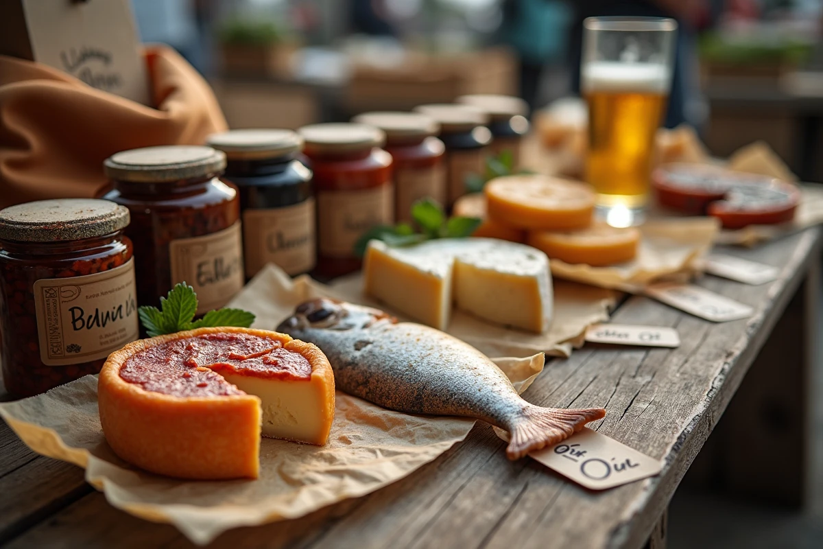 Plateau apéritif au marché de Fort Mahon avec fromages locaux, rillettes et poisson fumé sur table en bois