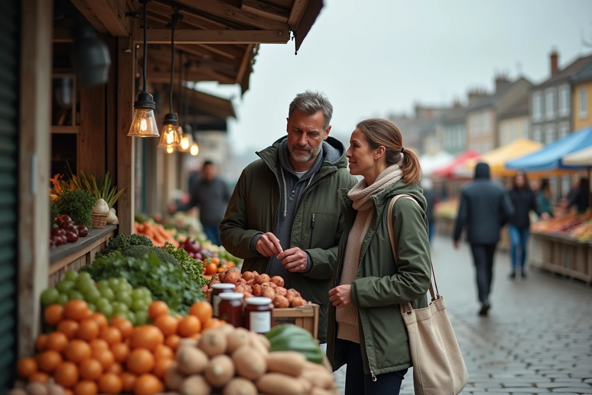 Couple faisant leur marché à Fort Mahon, devant un étal de légumes frais et confitures artisanales