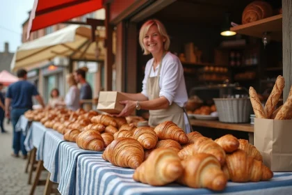 Étal de marché à Fort Mahon avec viennoiseries artisanales et vendeur en tablier de lin au petit matin