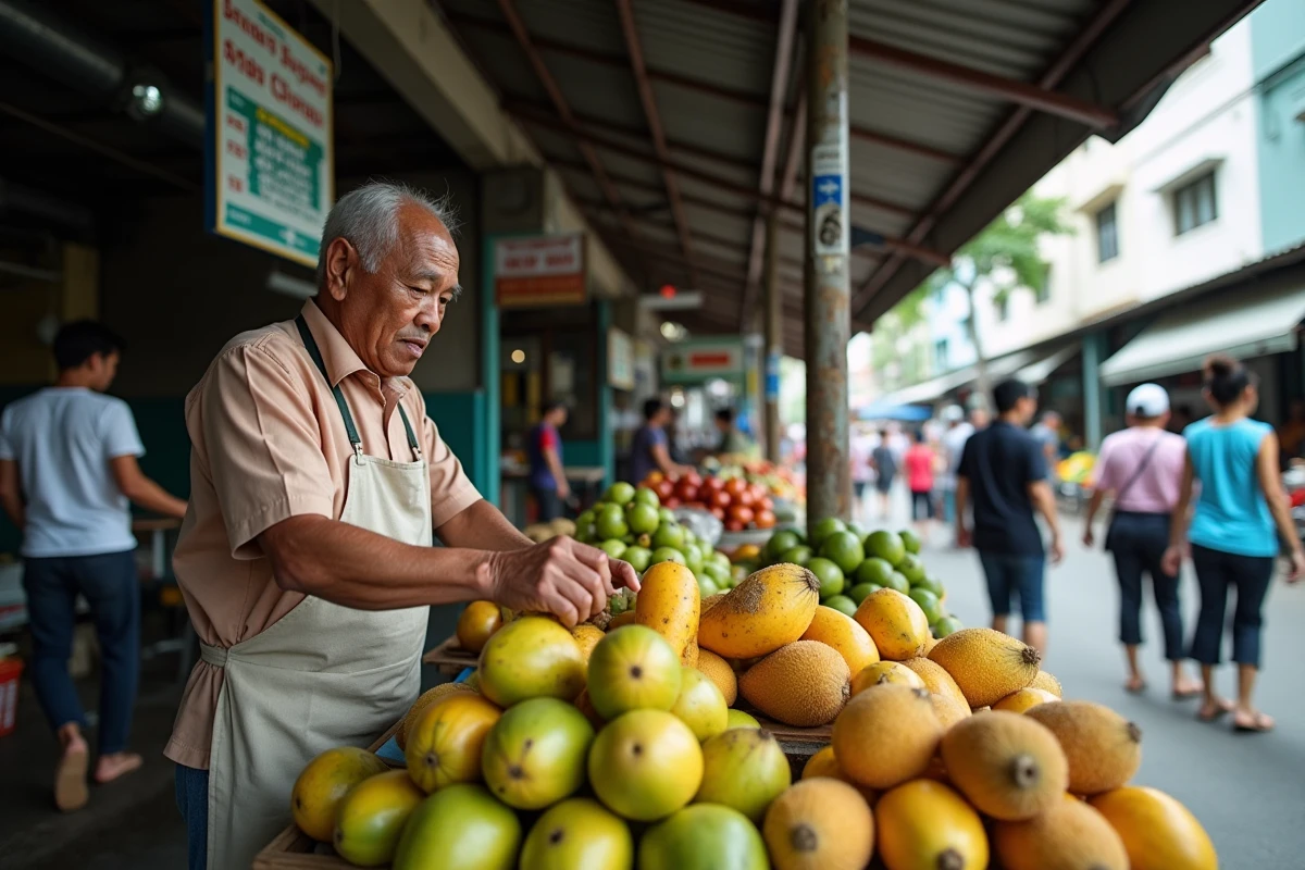 Vendeur de fruits tropicaux dans un marché couvert animé d'un quartier résidentiel de Kuala Lumpur