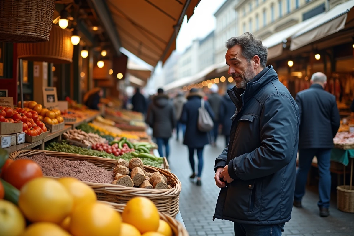 Marché animé du Naschmarkt à Vienne avec des étals colorés de fruits légumes et épices