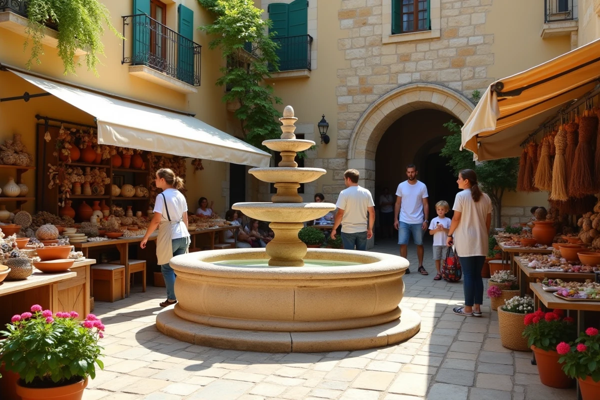 Marché provençal animé dans un village près de Gordes avec artisanat local et fontaine en pierre