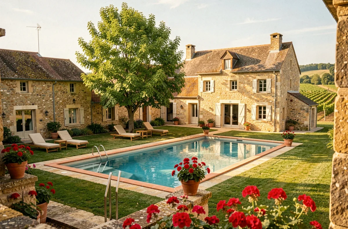 Le Mas du Périgord sur Stayz, grand corps de ferme en pierre avec piscine et cour ensoleillée dans le Périgord en Dordogne