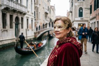 Femme portant un masque vénitien doré lors du carnaval à Venise