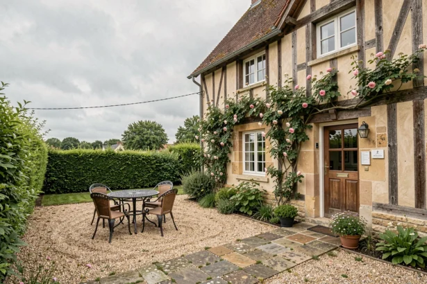 Façade d'une chambre d'hôtes normande typique en Seine-Maritime avec colombages et jardin fleuri