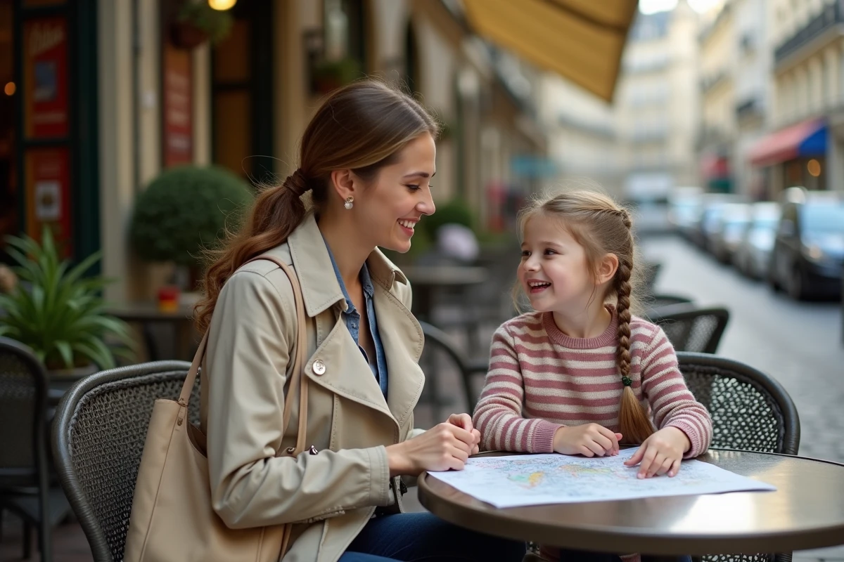 Mère et fille consultant une carte de visite touristique en terrasse d'un café parisien du quartier Alésia