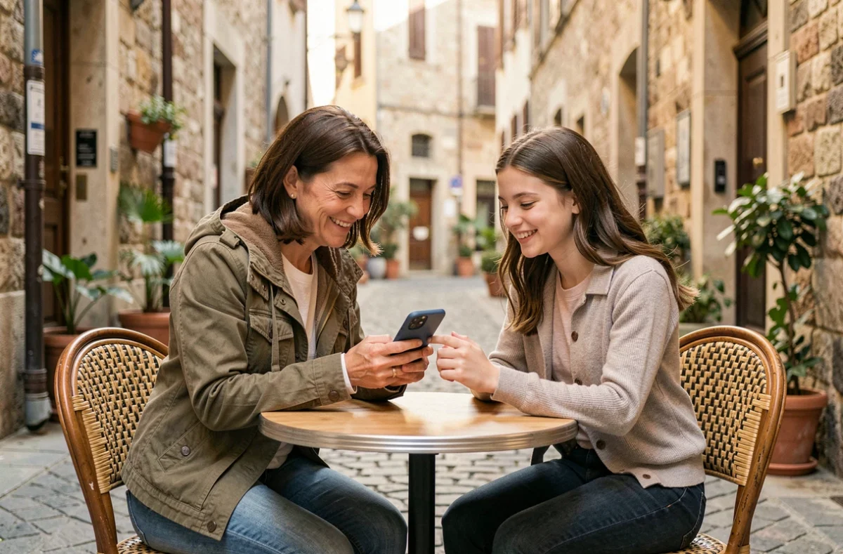 Mère et fille consultant un smartphone dans un café de rue en Europe lors d'un voyage en famille