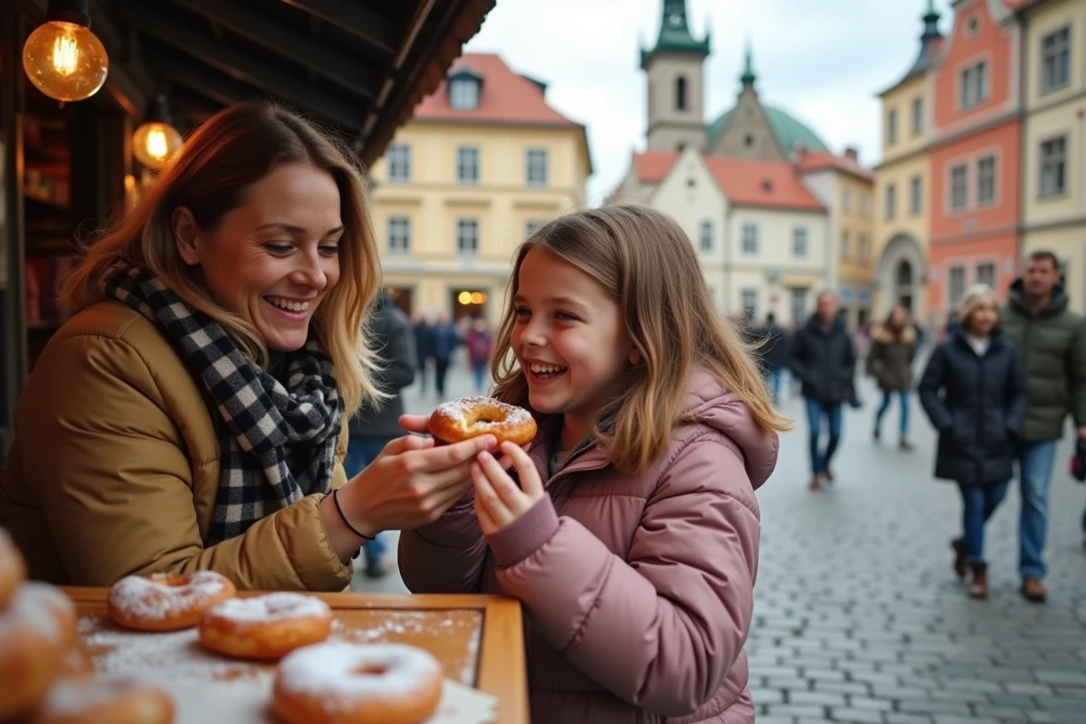 Mère et fille dégustant un trdelník traditionnel sur la place de la Vieille Ville de Prague