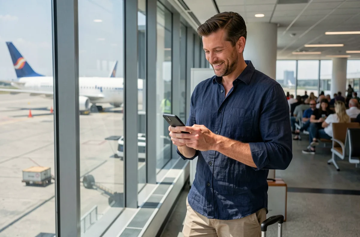 Homme consultant son smartphone dans un aéroport avant de partir en vacances, signature email message d'absence activée