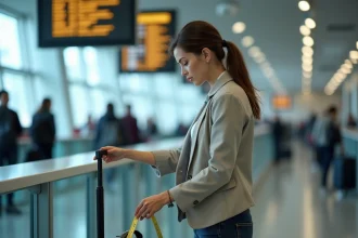 Femme mesurant les dimensions d'une valise cabine Jump avec un mètre ruban au comptoir d'enregistrement d'un aéroport