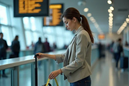 Femme mesurant les dimensions d'une valise cabine Jump avec un mètre ruban au comptoir d'enregistrement d'un aéroport