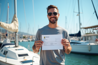 Adulte souriant avec permis bateau près d'un voilier en marina