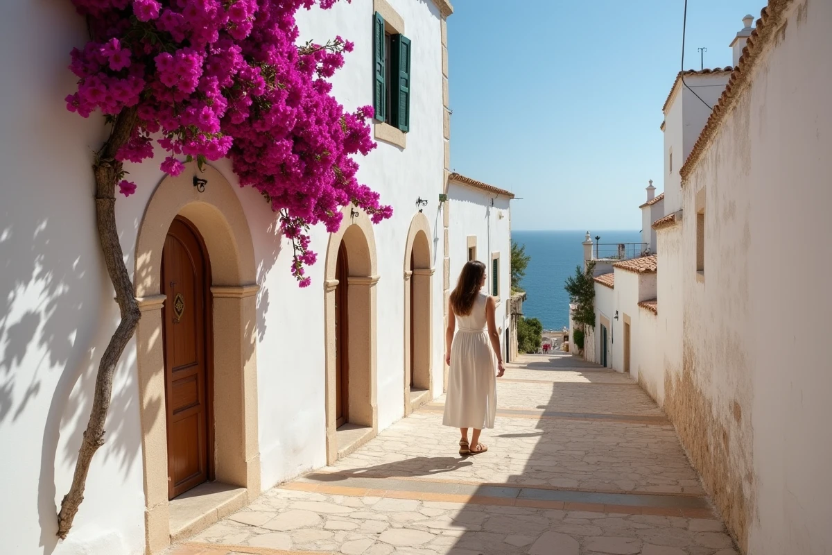 Femme se promenant dans les ruelles blanches d'Ostuni, la ville blanche des Pouilles, avec vue sur la mer Adriatique
