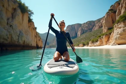 Femme en paddle sur un lagon turquoise en Corse, entourée de falaises de granit et d'une eau cristalline