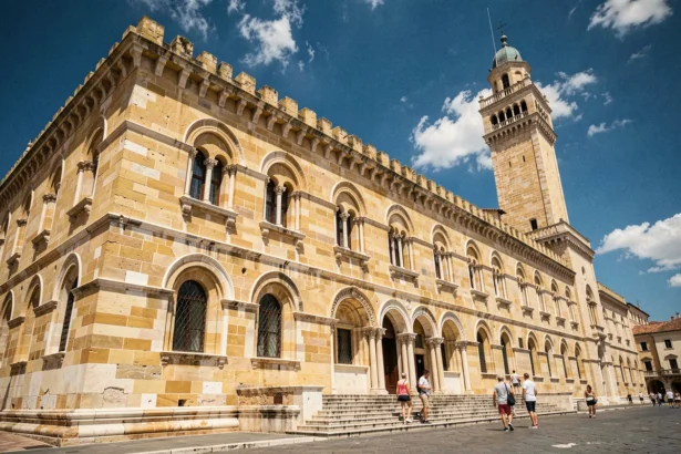 Façade extérieure du Palais des Normands à Palerme avec la Tour Pisana sous un ciel méditerranéen bleu