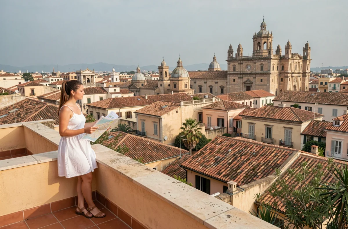 Vue panoramique depuis une terrasse de Palerme montrant le Palais des Normands et la cathédrale dans le centre historique
