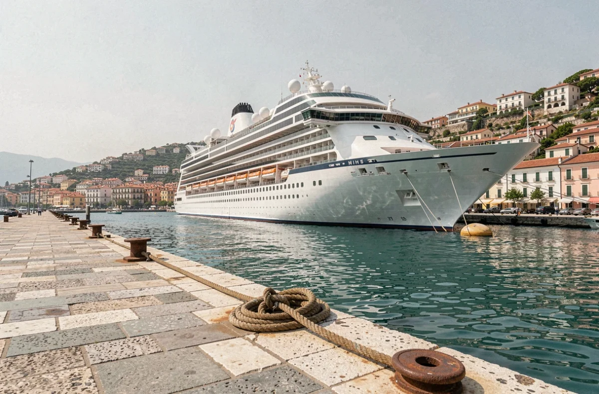 Paquebot de croisière amarré dans un port méditerranéen avec vue sur la ville côtière