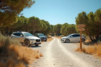 Parking en gravier près de la Plage des 3 Pointes à Bonifacio entouré de maquis corse avec panneau de sentier côtier