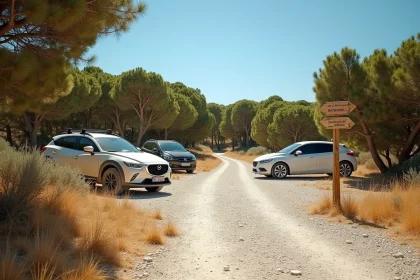 Parking en gravier près de la Plage des 3 Pointes à Bonifacio entouré de maquis corse avec panneau de sentier côtier