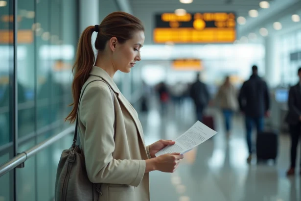 Passagère Transavia au comptoir d'enregistrement vérifiant ses documents de voyage pour éviter les mauvaises surprises