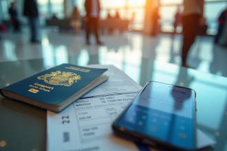 Passeport européen et billet d'avion avec smartphone calendrier