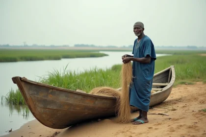 Pêcheur sénégalais au bord du fleuve avec une pirogue traditionnelle en bois sur les rives de l'Afrique de l'Ouest
