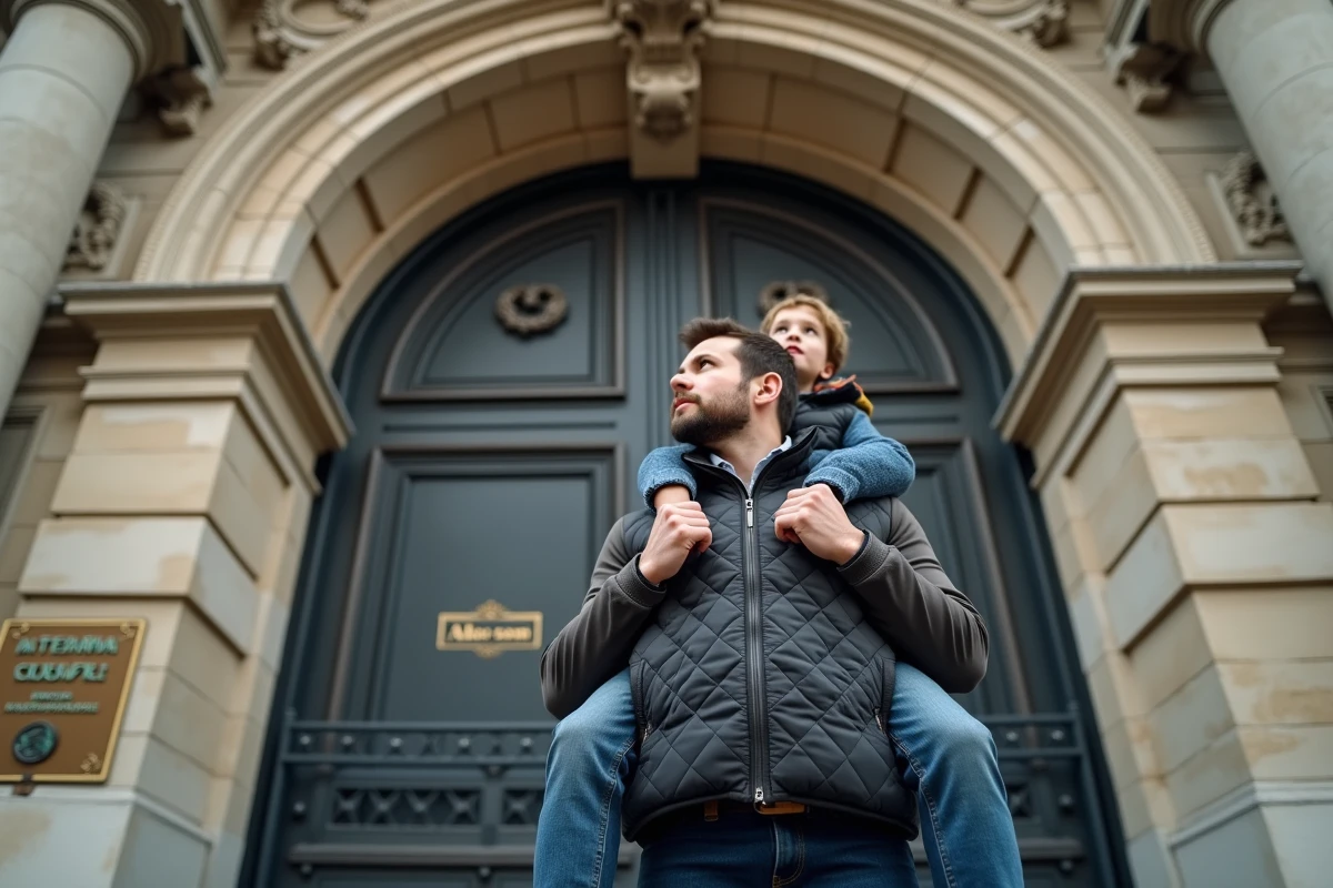 Père portant son fils sur les épaules devant l'entrée d'un site historique du quartier Alésia à Paris