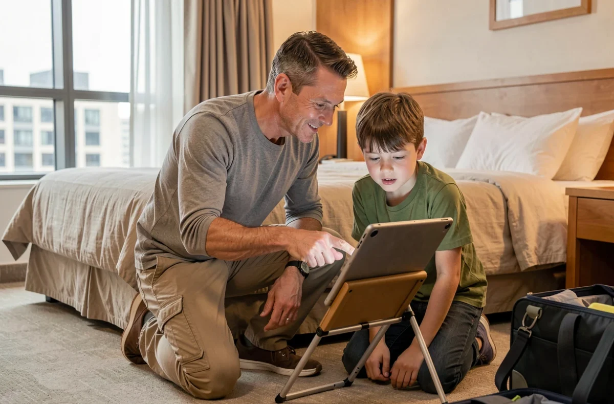 Père et fils utilisant une tablette dans une chambre d'hôtel pour configurer le partage de données mobiles en voyage