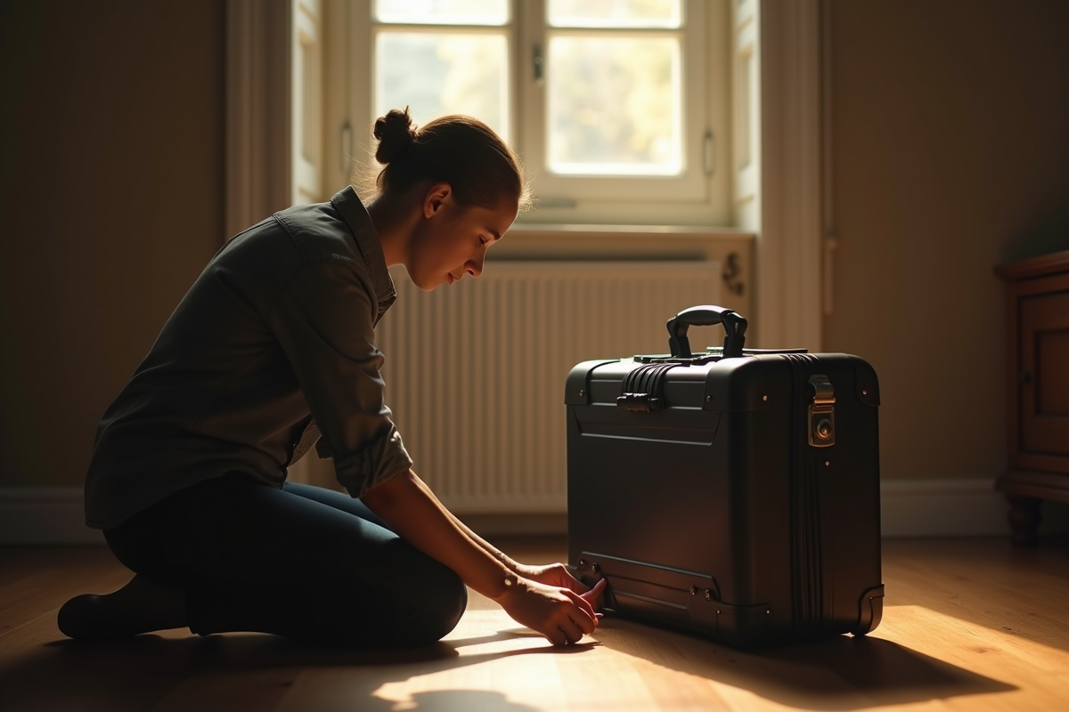 Personne à genoux près d'une valise noire en bois lumineux