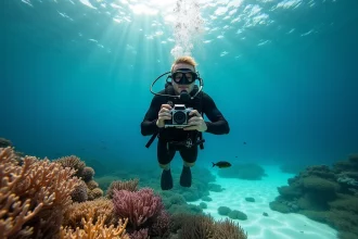 Photographe sous-marin réglant son appareil photo au-dessus d'un récif corallien tropical pour obtenir des couleurs naturelles