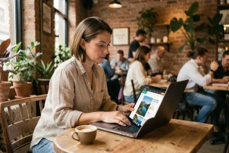 Femme planifiant un voyage pas cher sur son ordinateur portable dans un café chaleureux