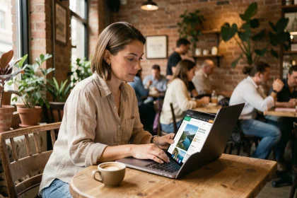 Femme planifiant un voyage pas cher sur son ordinateur portable dans un café chaleureux