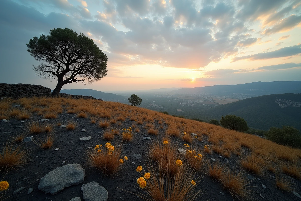 Plateau volcanique sauvage et isolé en Ardèche avec murets en pierre sèche et paysage naturel préservé au crépuscule