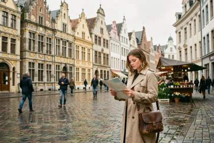 Femme consultant une carte dans une place médiévale belge entourée de maisons de corporations ornées à Bruxelles ou Bruges