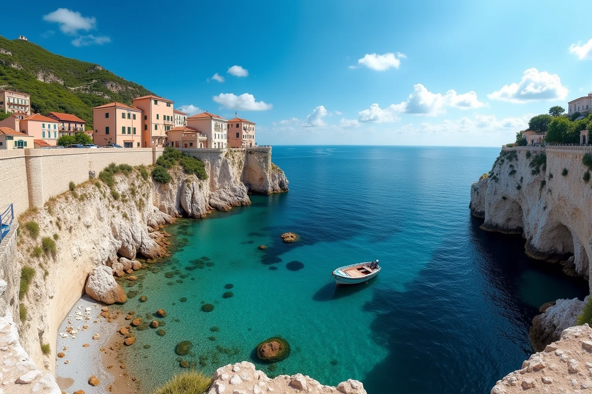 Vue panoramique sur les falaises calcaires et la mer turquoise de Polignano a Mare, village côtier des Pouilles