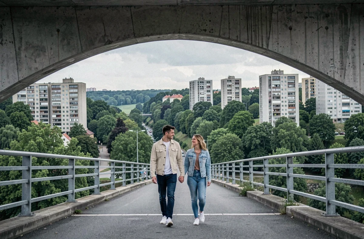 Couple de voyageurs découvrant le pont de Nusle et la vallée cachée de Prague hors des circuits touristiques