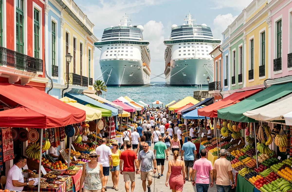 Terminal portuaire caribéen animé avec marché local coloré et paquebots de croisière amarrés au quai