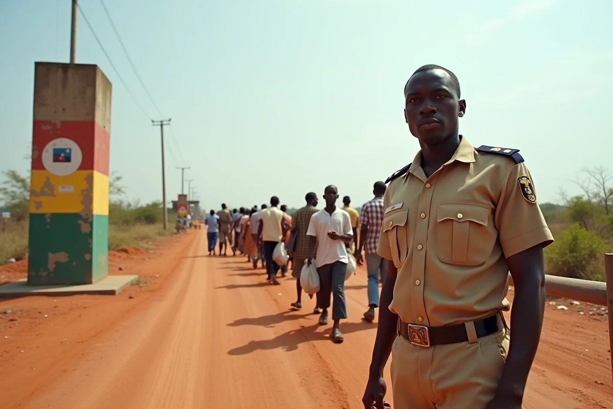 Poste frontière au Sénégal avec un douanier en uniforme contrôlant des voyageurs sur une route en latérite