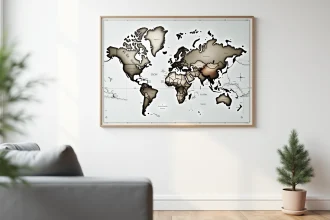 Poster carte du monde avec Groenland en proportion réelle, accroché dans un salon scandinave minimaliste