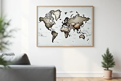 Poster carte du monde avec Groenland en proportion réelle, accroché dans un salon scandinave minimaliste