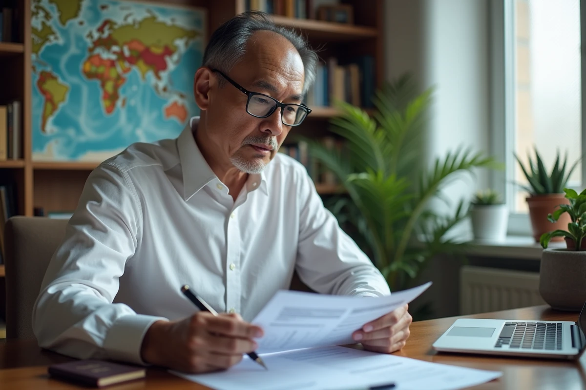 Homme préparant sa demande de visa pour l'Indonésie avec formulaires et passeport sur un bureau