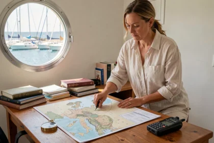 Femme préparant l'itinéraire d'une croisière en voilier en Méditerranée sur une carte nautique dans un bureau de marina