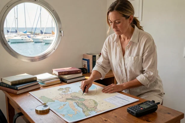 Femme préparant l'itinéraire d'une croisière en voilier en Méditerranée sur une carte nautique dans un bureau de marina